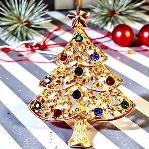Eisenberg Ice Vtg Christmas Tree Brooch Pin Gold Tone Multi-color Rhinestones